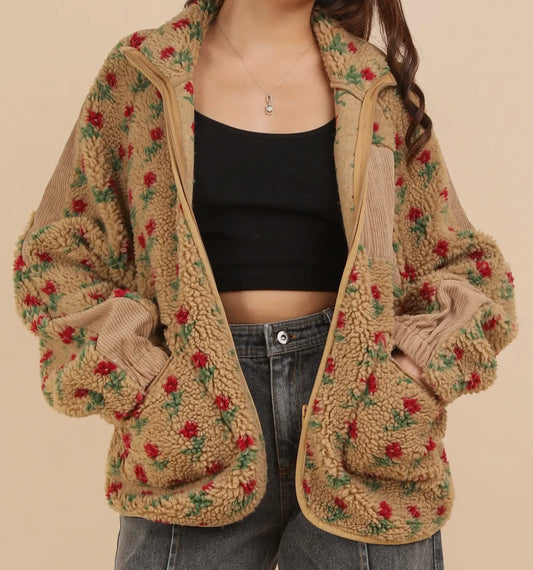 Red Flower Oversized Fleece Jacket