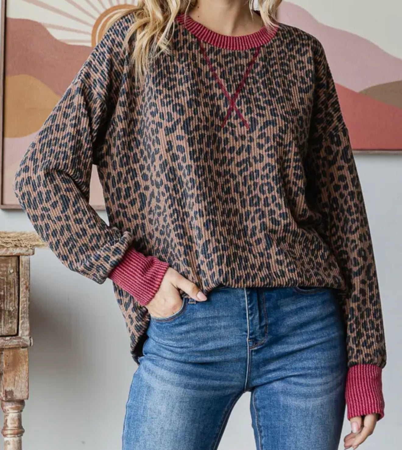 Ribbed Animal Print Relaxed Fit Long Sleeve