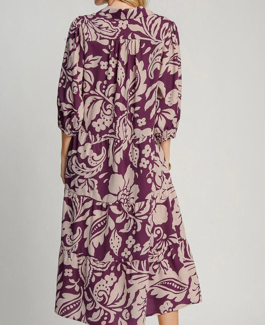 Plum Floral Print Midi Dress