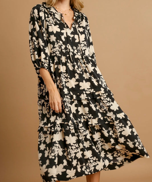 Two Tone Floral Printed Midi Dress