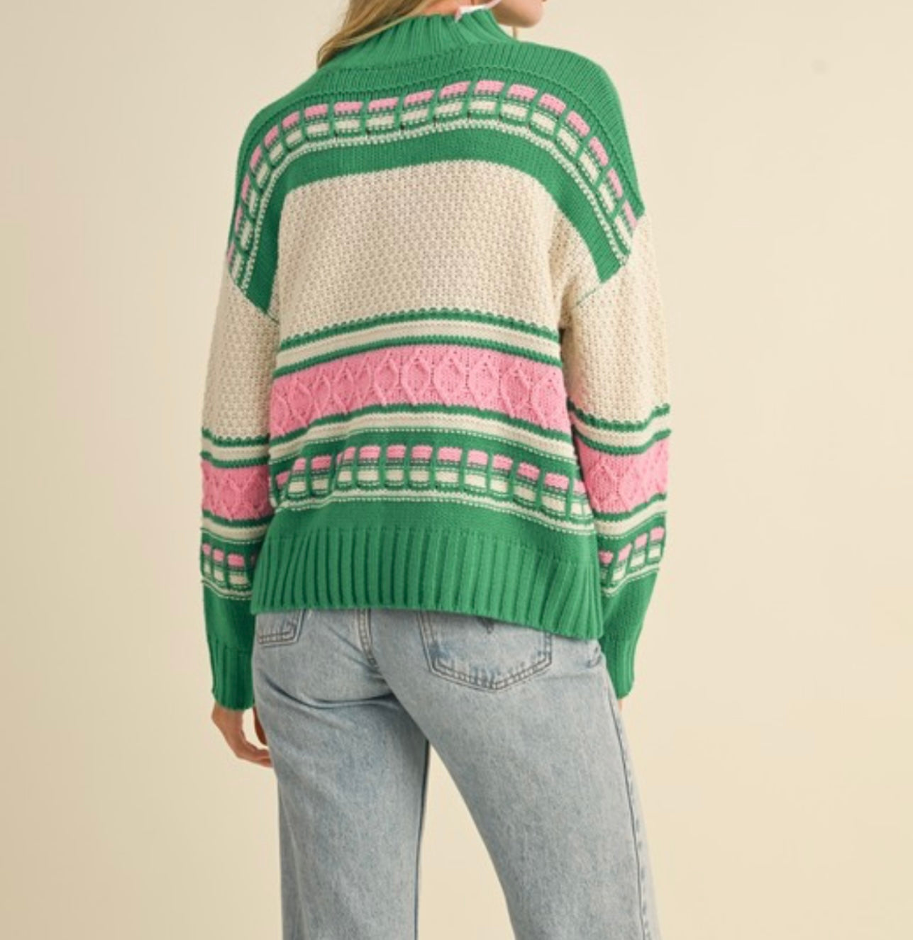 Green & Pink Multi Mock Neck Cable Knit Sweater