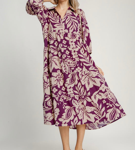 Plum Floral Print Midi Dress