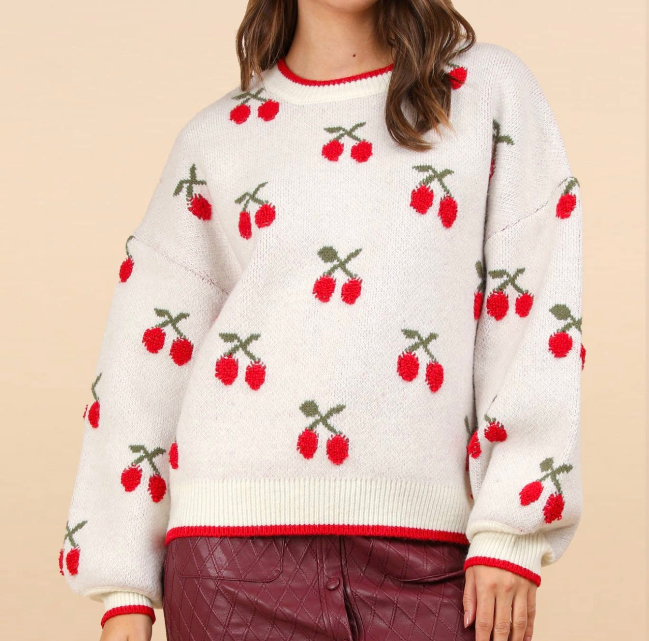 Oversized Oatmeal Cherry Knit Sweater