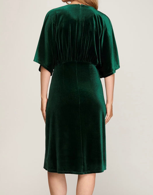 Green Kimono Sleeve Velvet Midi Dress