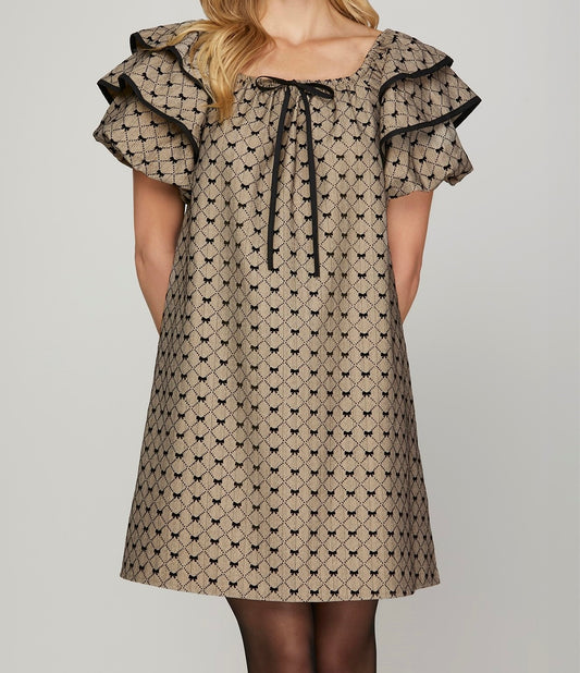 Ruffle Sleeve Bow Print Dress