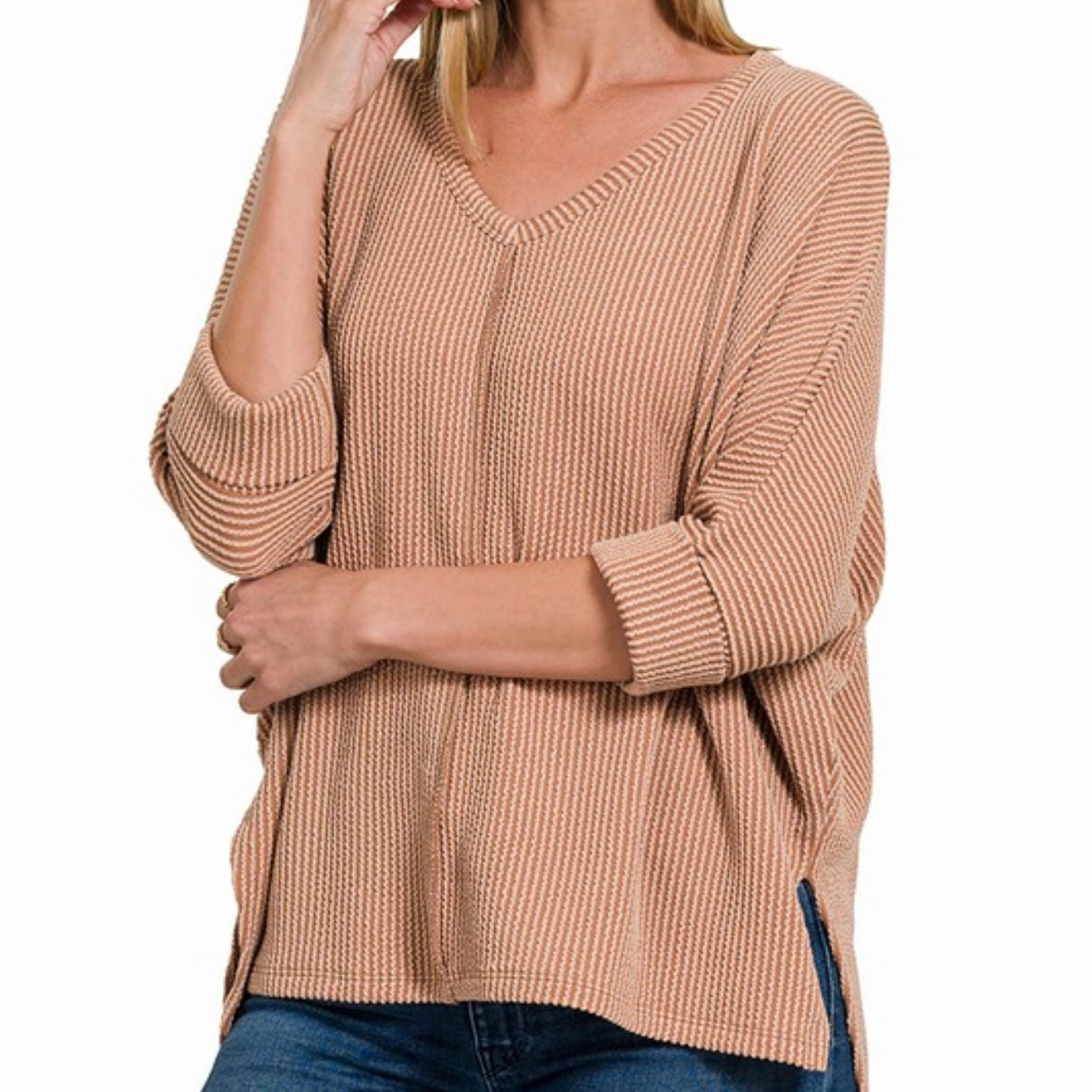 Textured High-Low 3/4 Sleeve Top