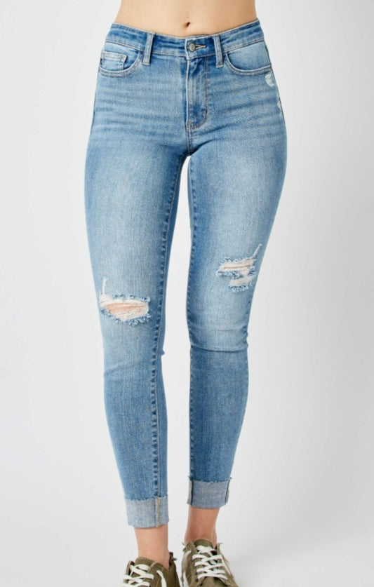 Judy Blue Mid Rise Distressed Skinny Jeans - 82528