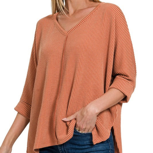 Textured High-Low 3/4 Sleeve Top