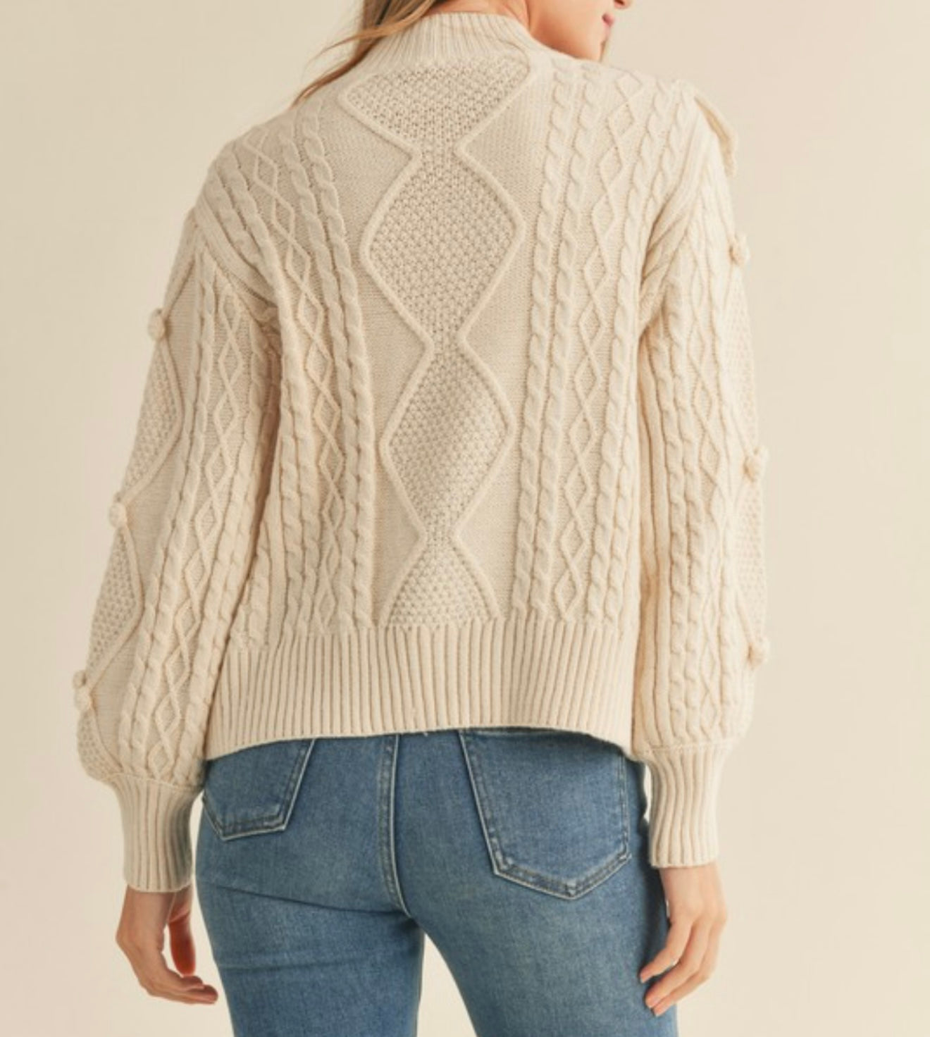 Ivory Cable Knit Pom Pom Mock Neck Sweater