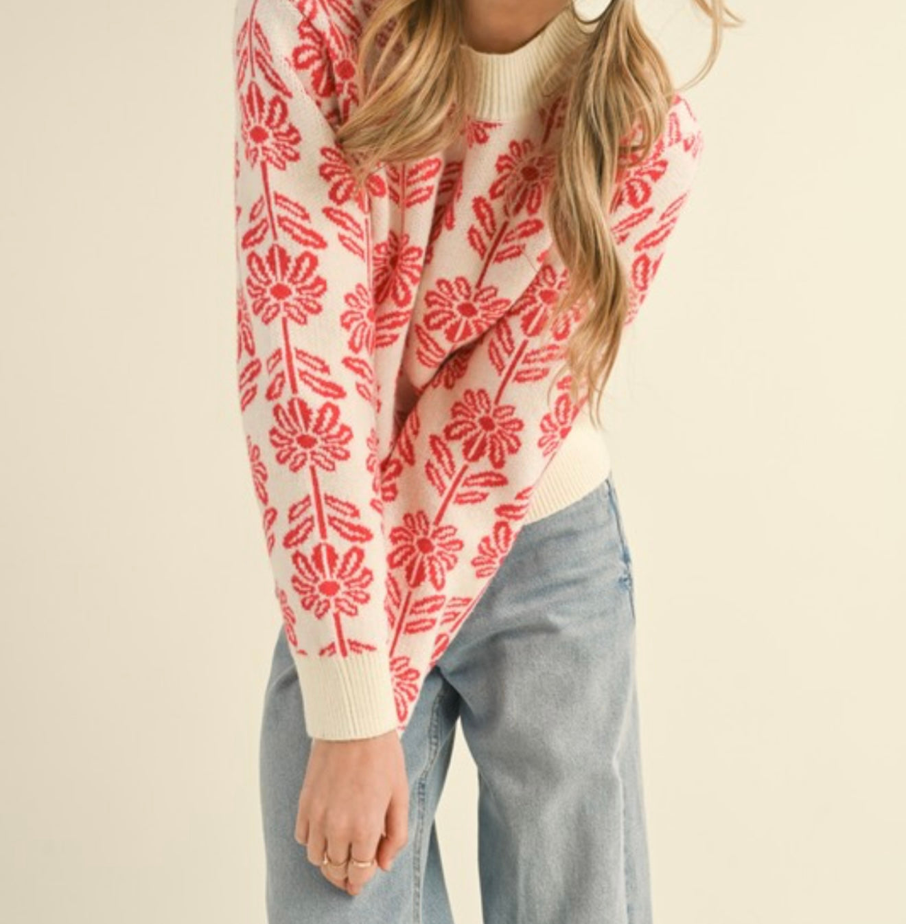 Red Floral Pattern Knit Sweater