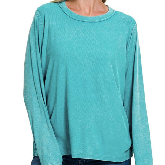 Washed Ribbed Scoop Neck Long Sleeve