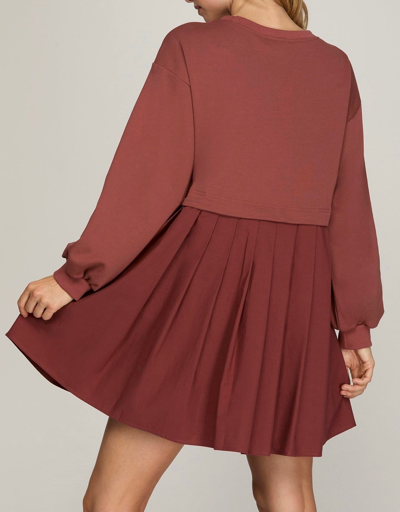 Long Sleeve French Terry Pleated Dress