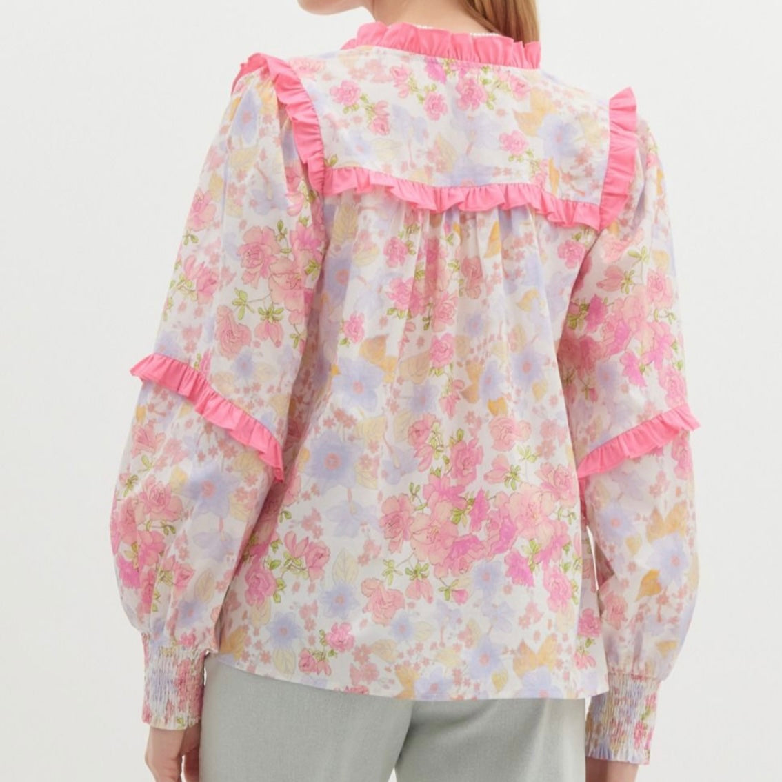 Pink Floral Smock Long Sleeve Riffle Top