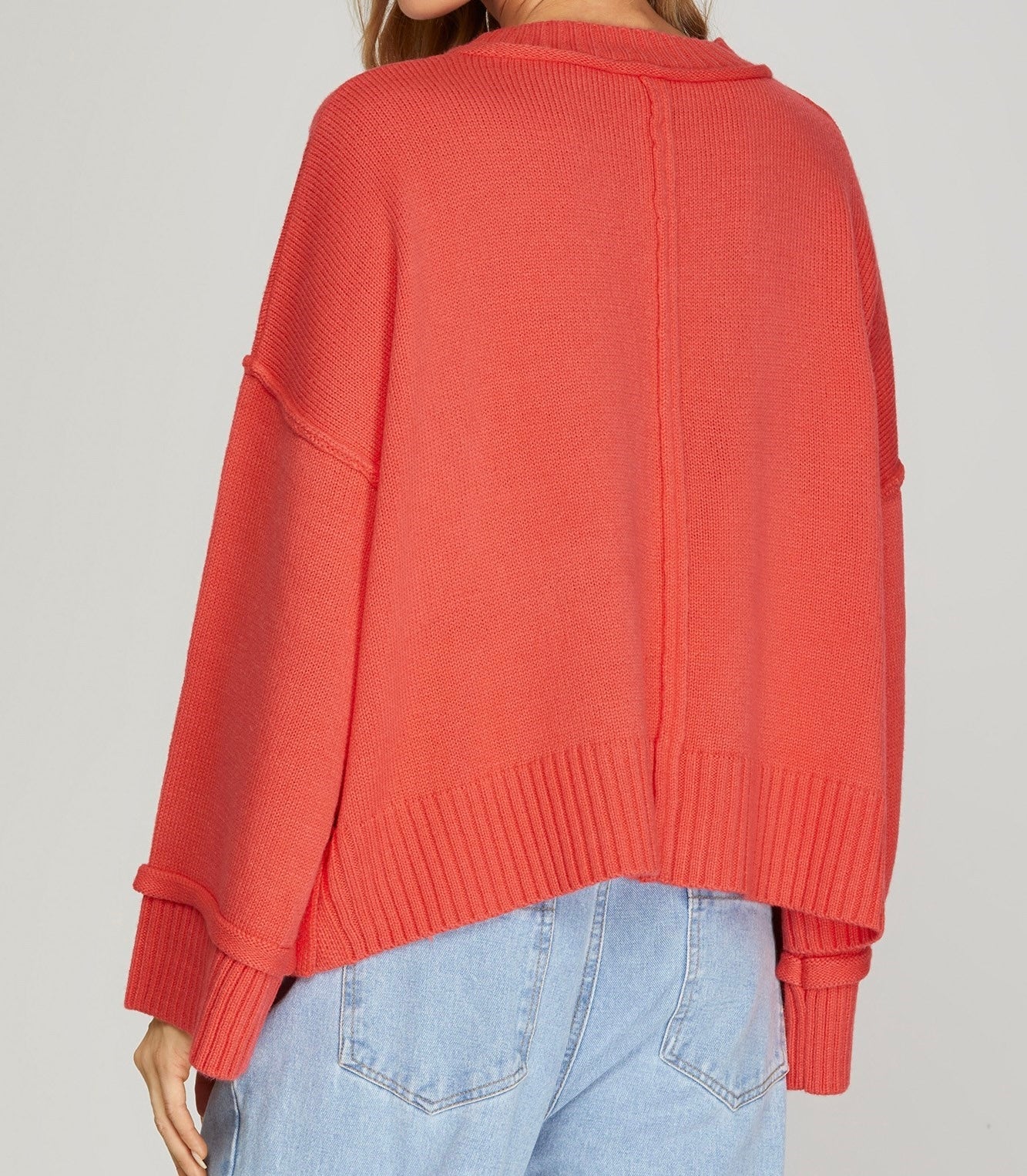 Coral Ribbed Sleeve Sweater With Side Buttons