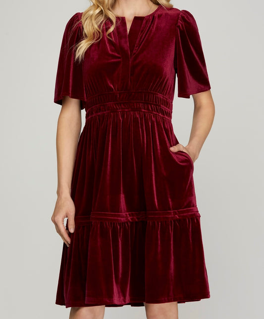 Wine Pintuck Velvet Dress