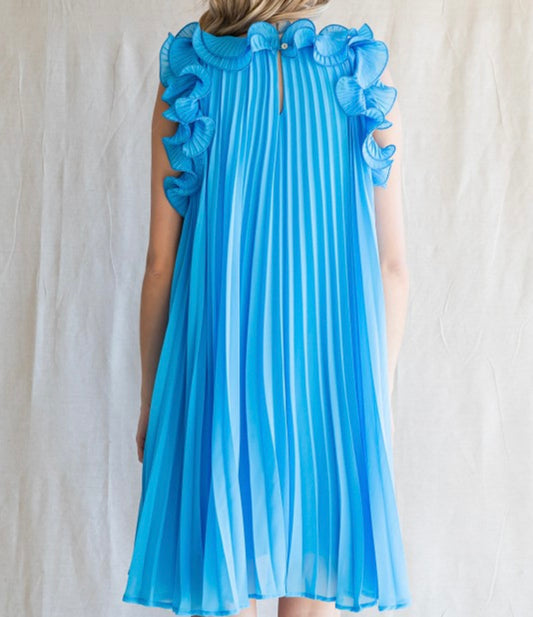 Blue Scrunch Pleated Dress