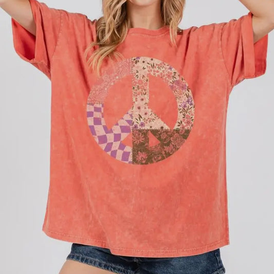 Boho Peace Floral Mineral Wash Graphic Tee