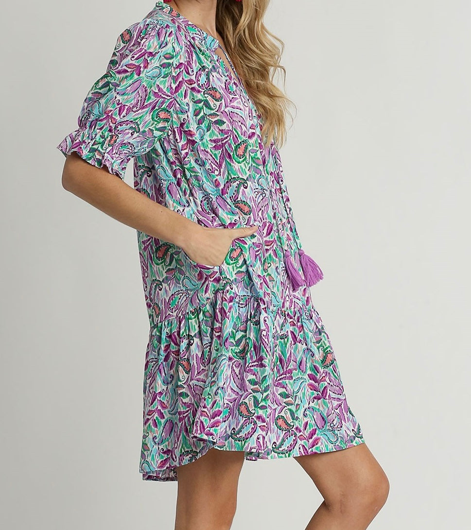 Lilac Paisley V-Neck Ruffle Dress