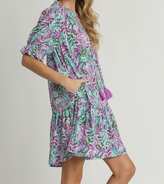 Lilac Paisley V-Neck Ruffle Dress