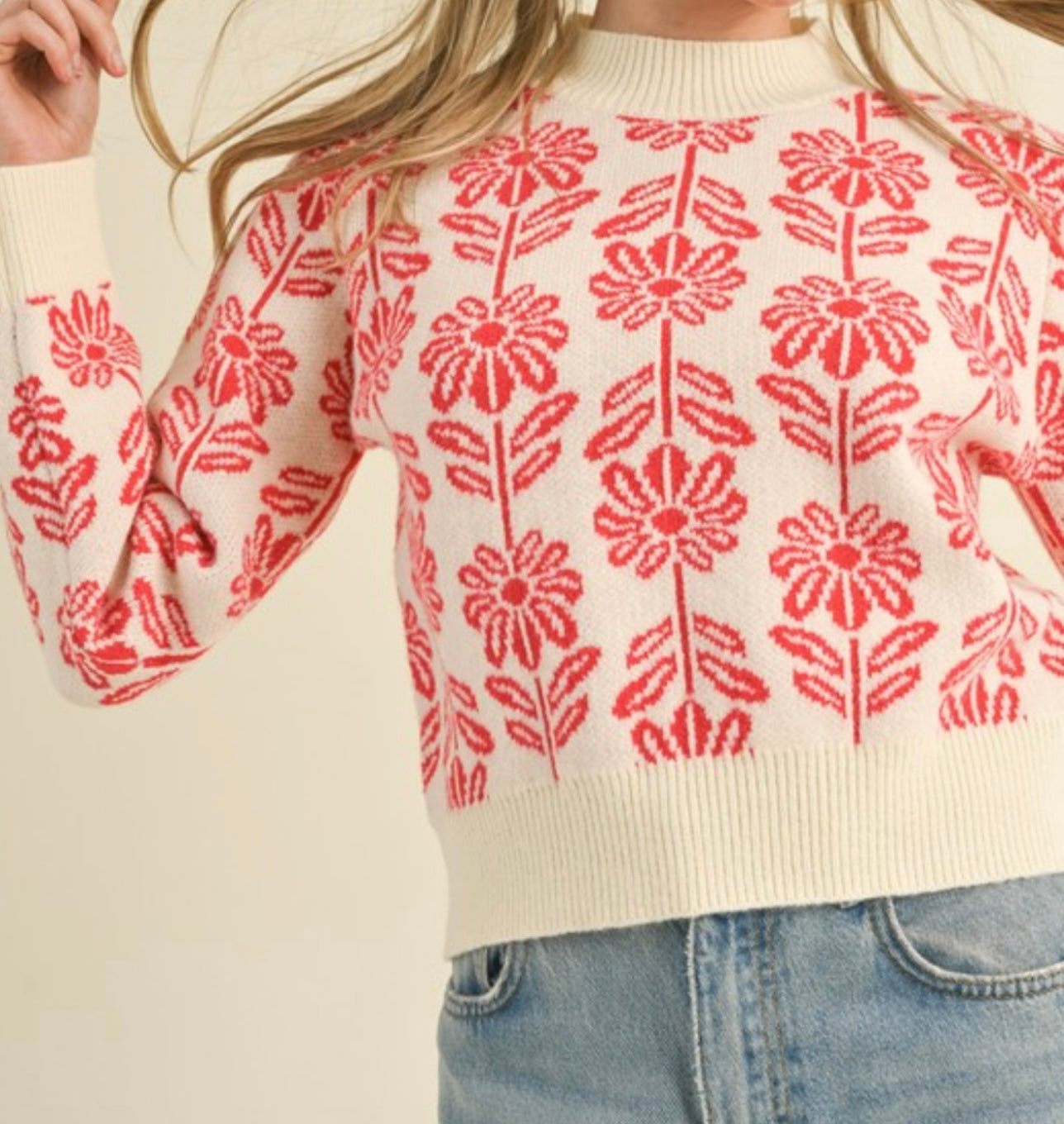 Red Floral Pattern Knit Sweater