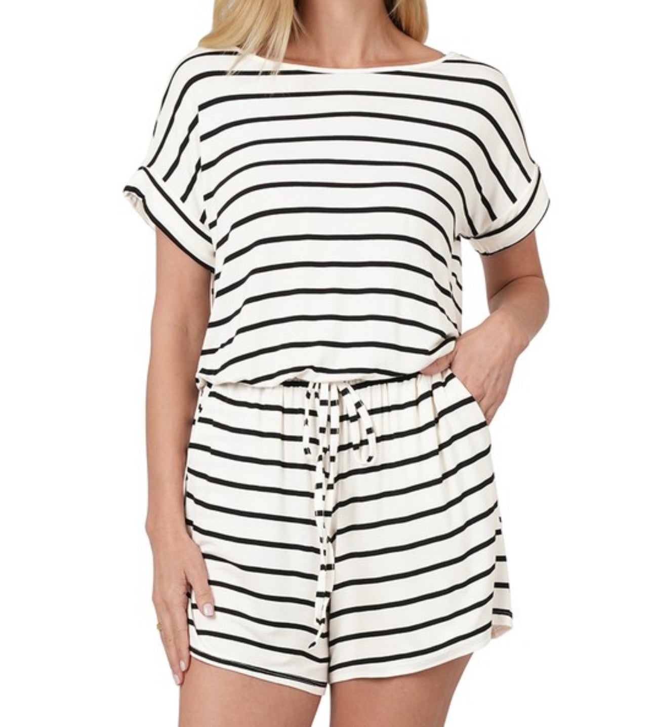 Ivory Striped Romper With Pockets