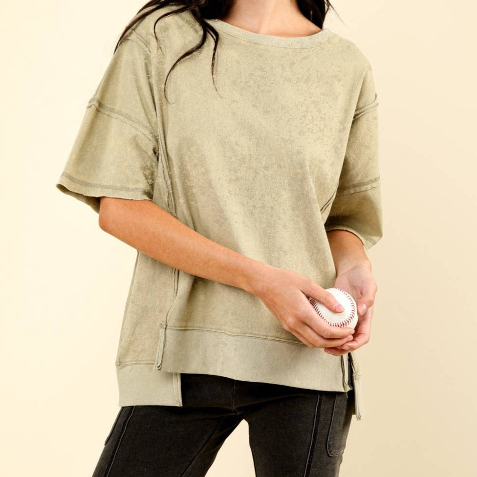 Round Neck Oversized Washed Casual Knit Top