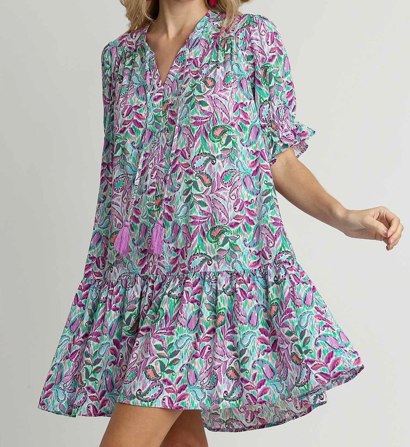 Lilac Paisley V-Neck Ruffle Dress