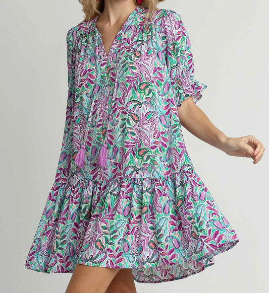 Lilac Paisley V-Neck Ruffle Dress