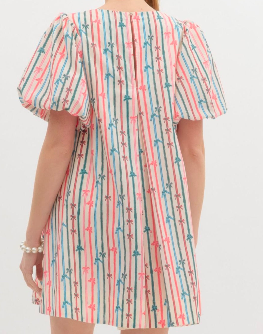 Multi-Color Striped Bow Bubble Sleeve Dress