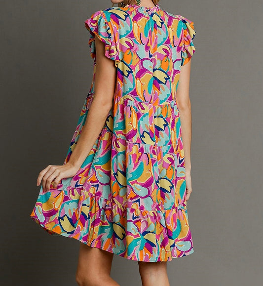 Abstract Printed A-Line Ruffle Dress