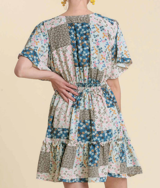 Mixed Print Short Sleeve Tiered Dress