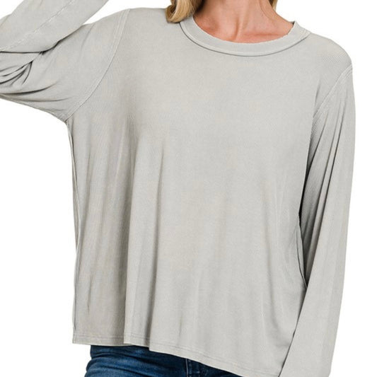 Washed Ribbed Scoop Neck Long Sleeve