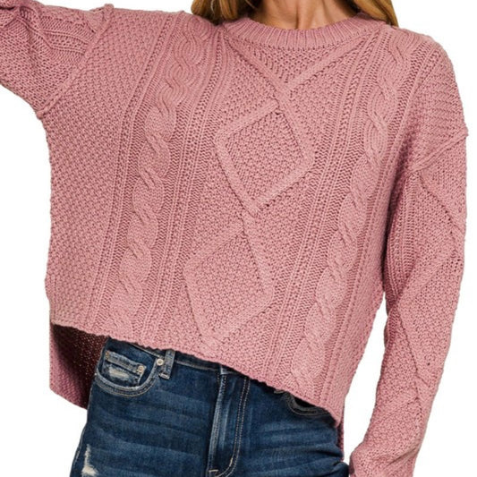 High-Low Side Slit Cable Sweater