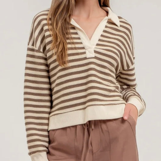 Taupe Striped Collared Polo Knit Long Sleeve Top