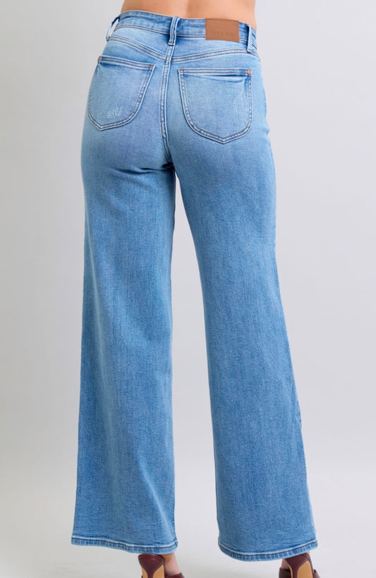 Judy Blue High Waisted Vintage Wash Retro Wide Leg Jeans- 82625