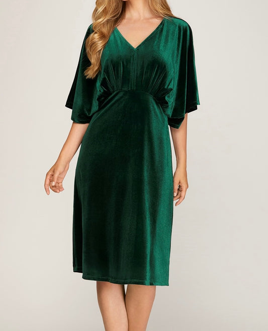 Green Kimono Sleeve Velvet Midi Dress