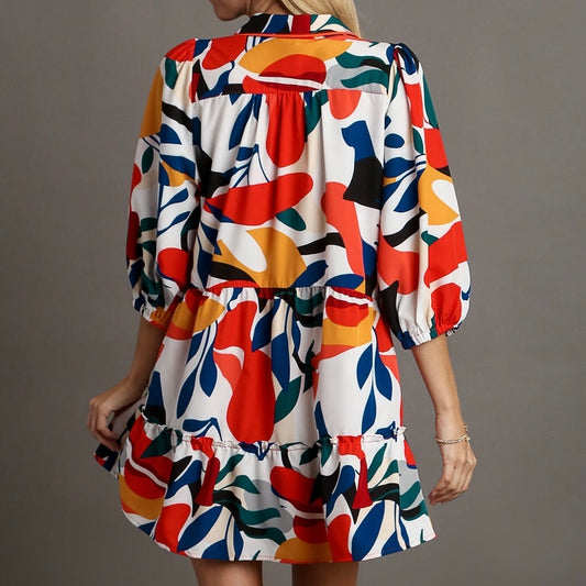 Bright Abstract Print A-Line Collared Dress