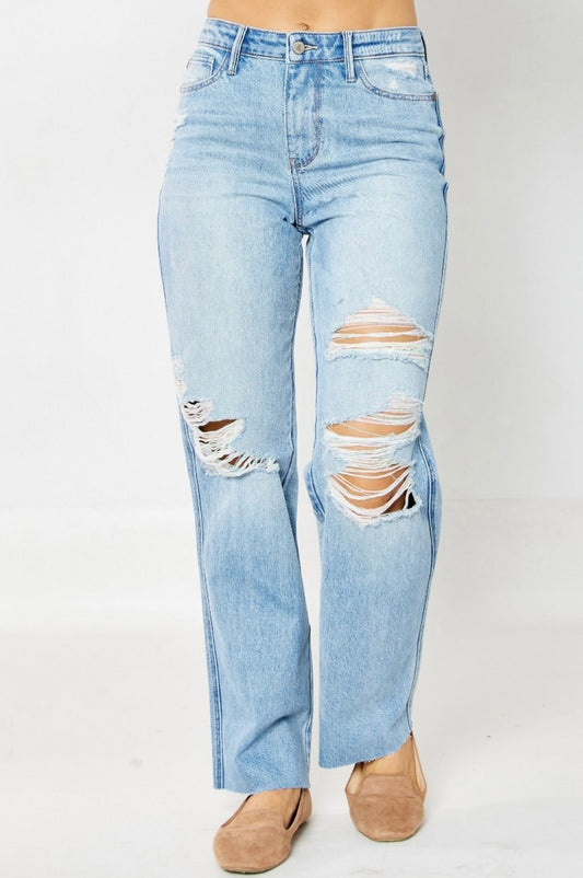 Judy Blue High Waisted Rigid 90’s Distressed Straight Jeans - 88671