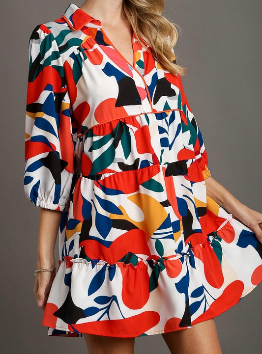 Bright Abstract Print A-Line Collared Dress