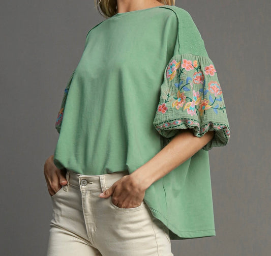 Embroidered Sleeve French Terry Top