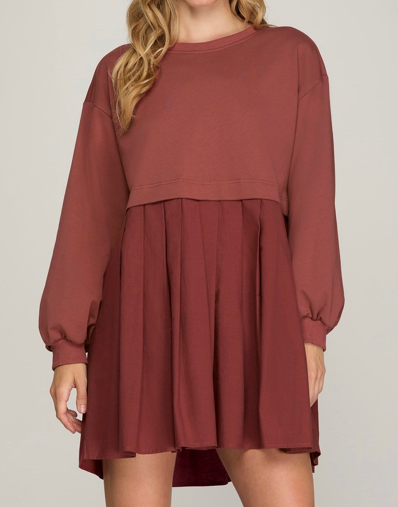 Long Sleeve French Terry Pleated Dress