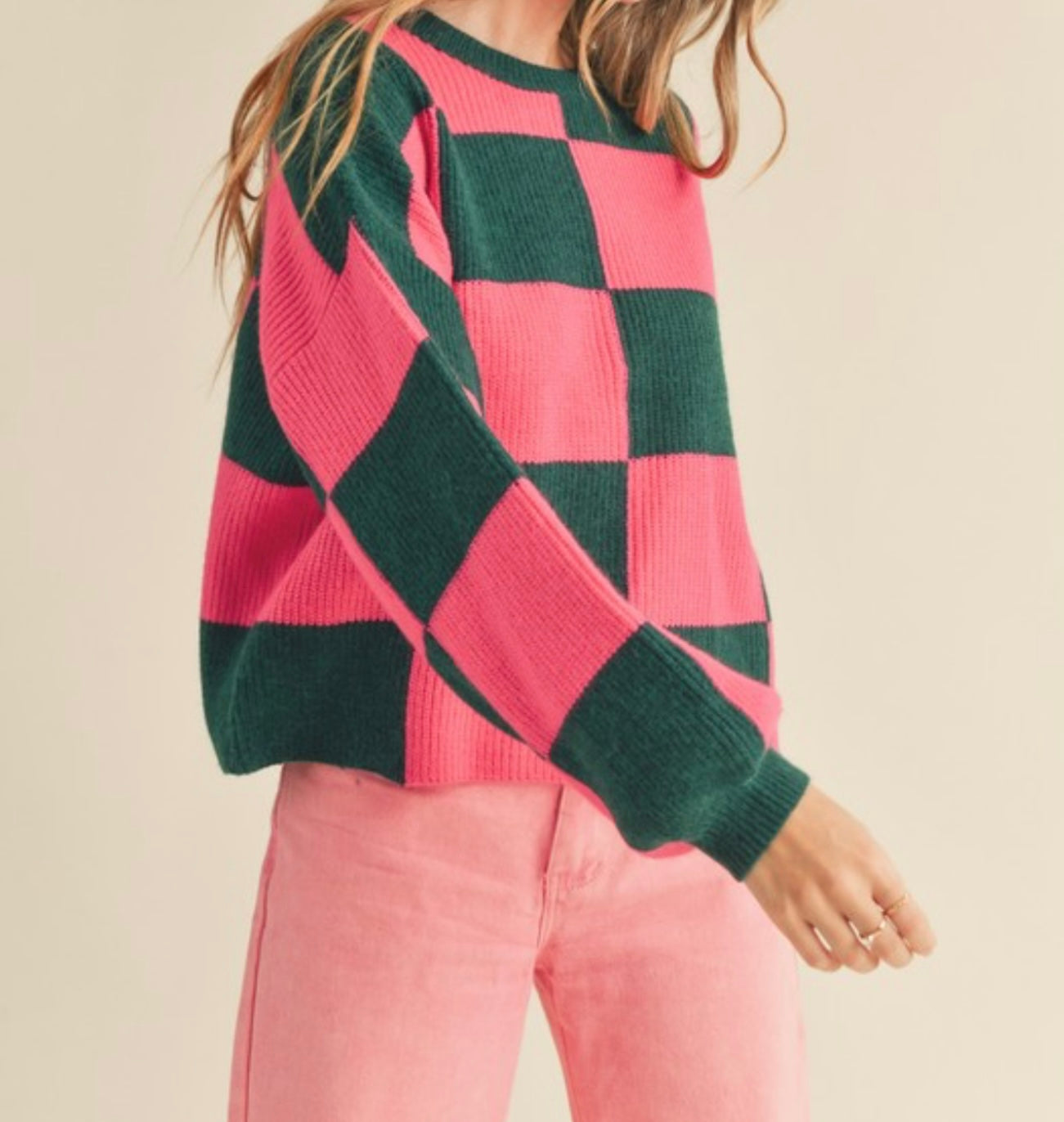 Pink & Green Checkered Pullover Sweater