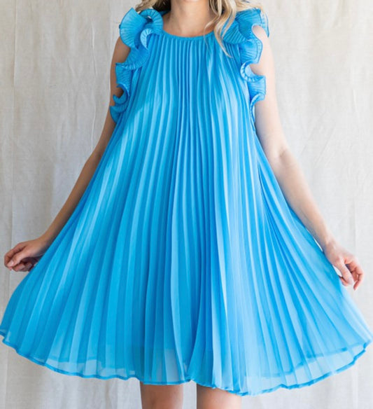 Blue Scrunch Pleated Dress