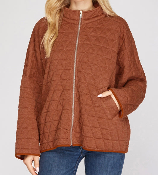 Rust Oversized Quilted Zip-Up Jacket