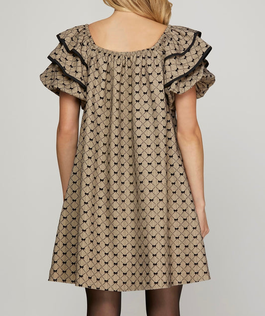 Ruffle Sleeve Bow Print Dress