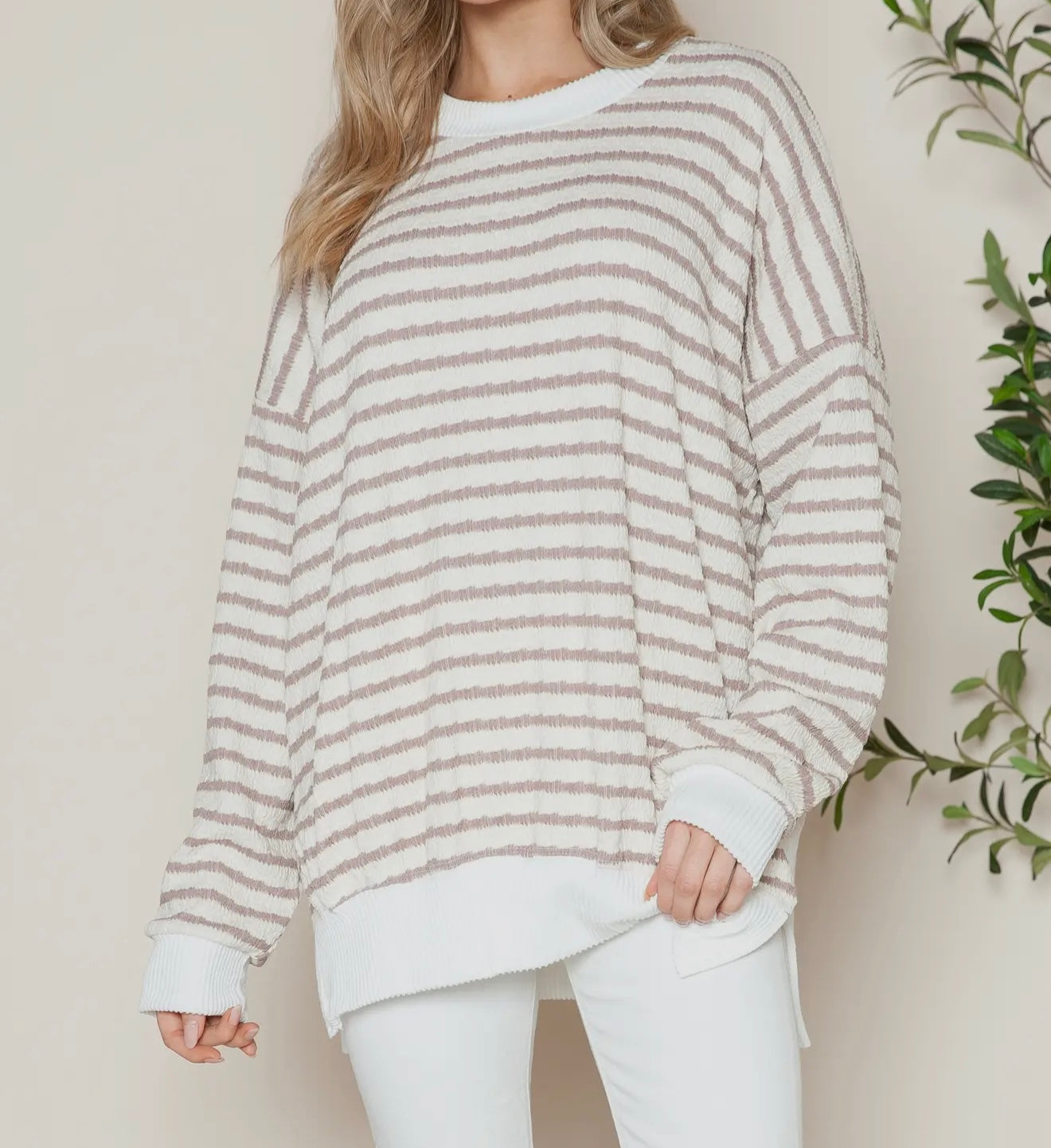 Bubble Poly Cotton Stripe Long Sleeve Top