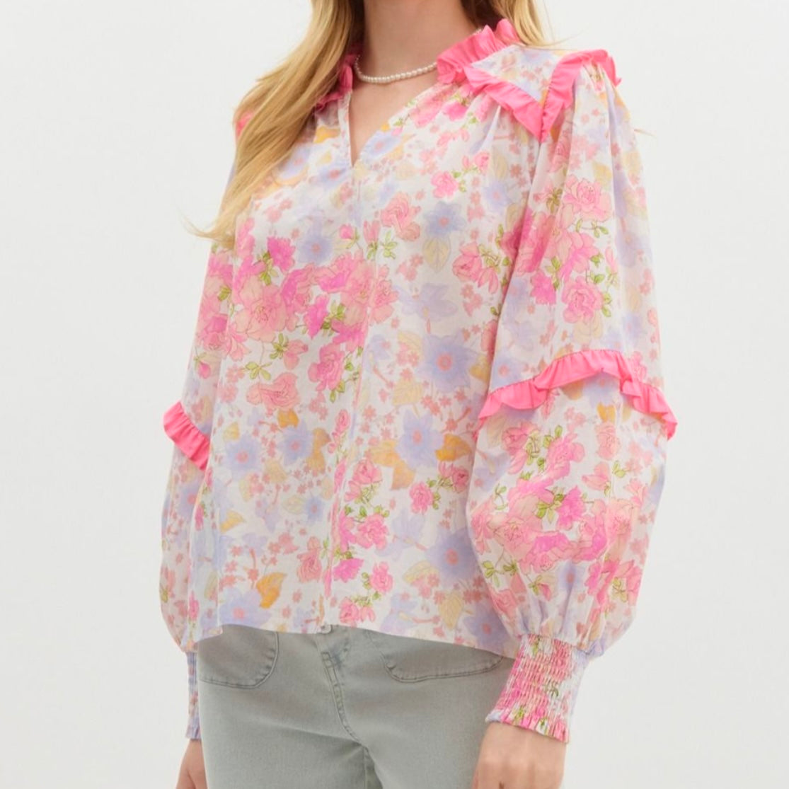 Pink Floral Smock Long Sleeve Riffle Top