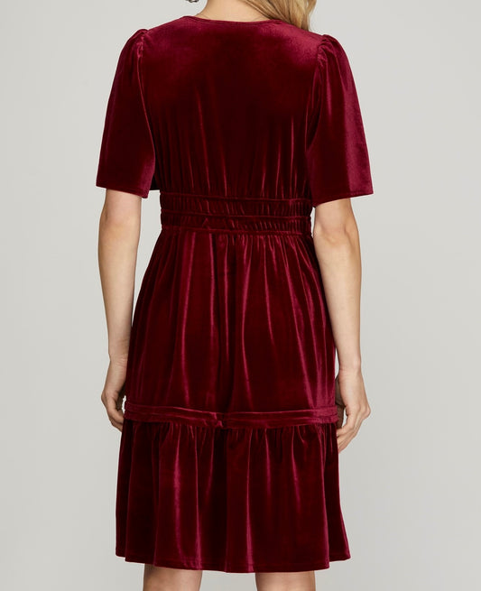 Wine Pintuck Velvet Dress