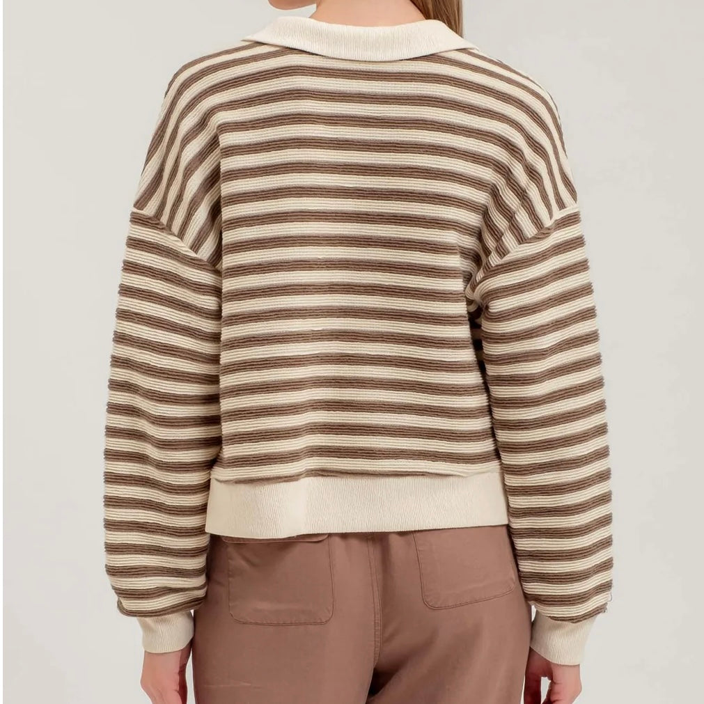 Taupe Striped Collared Polo Knit Long Sleeve Top