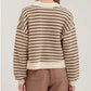 Taupe Striped Collared Polo Knit Long Sleeve Top